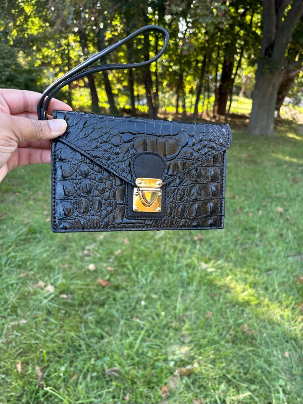 Black Croc-Embossed Wristlet Clutch - Classic Evening Bag
